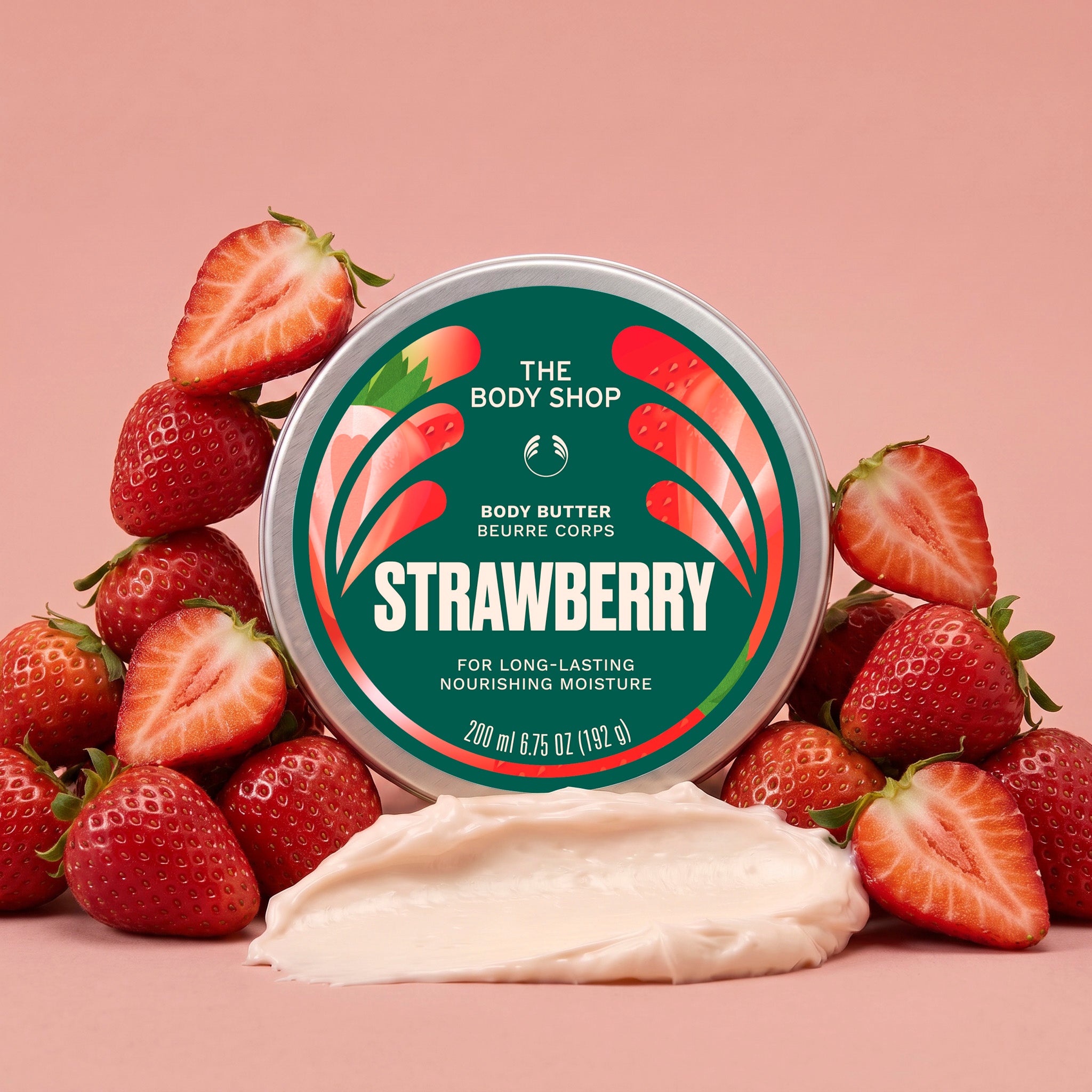 Strawberry Body Butter, opin krukka með hráefnum