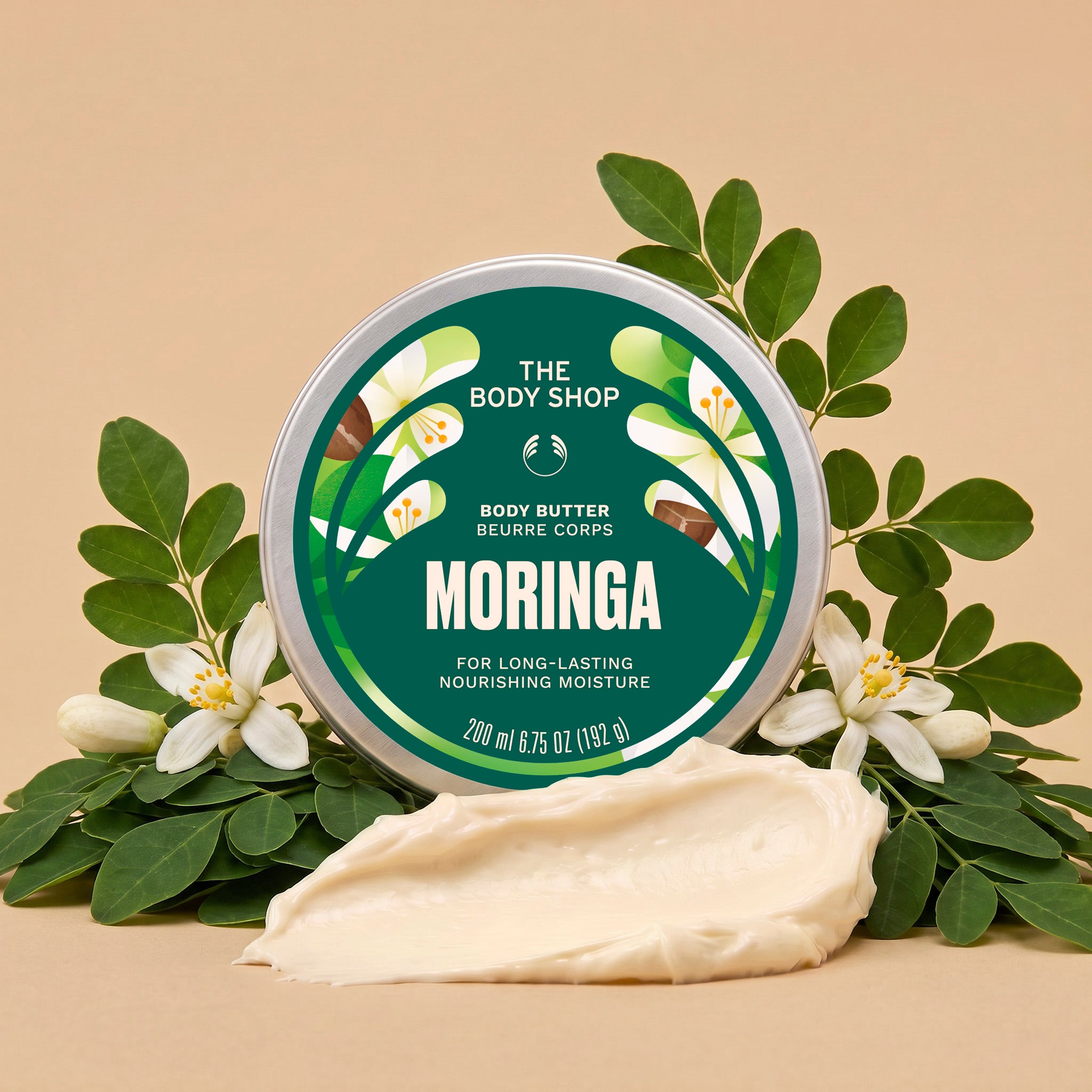 Moringa Body Butter, opin krukka með hráefnum