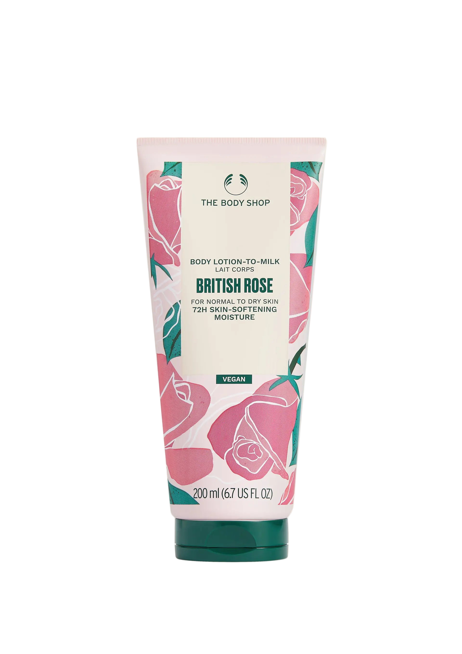 Tube of The Body Shop British Rose body lotion on a white background